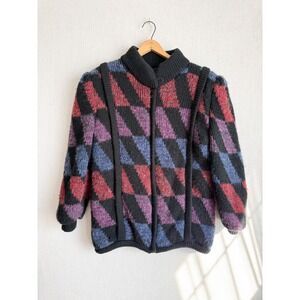 Vintage Learsi Womens Geometric Knit Cardigan Sweater Mock Neck Lined Black L